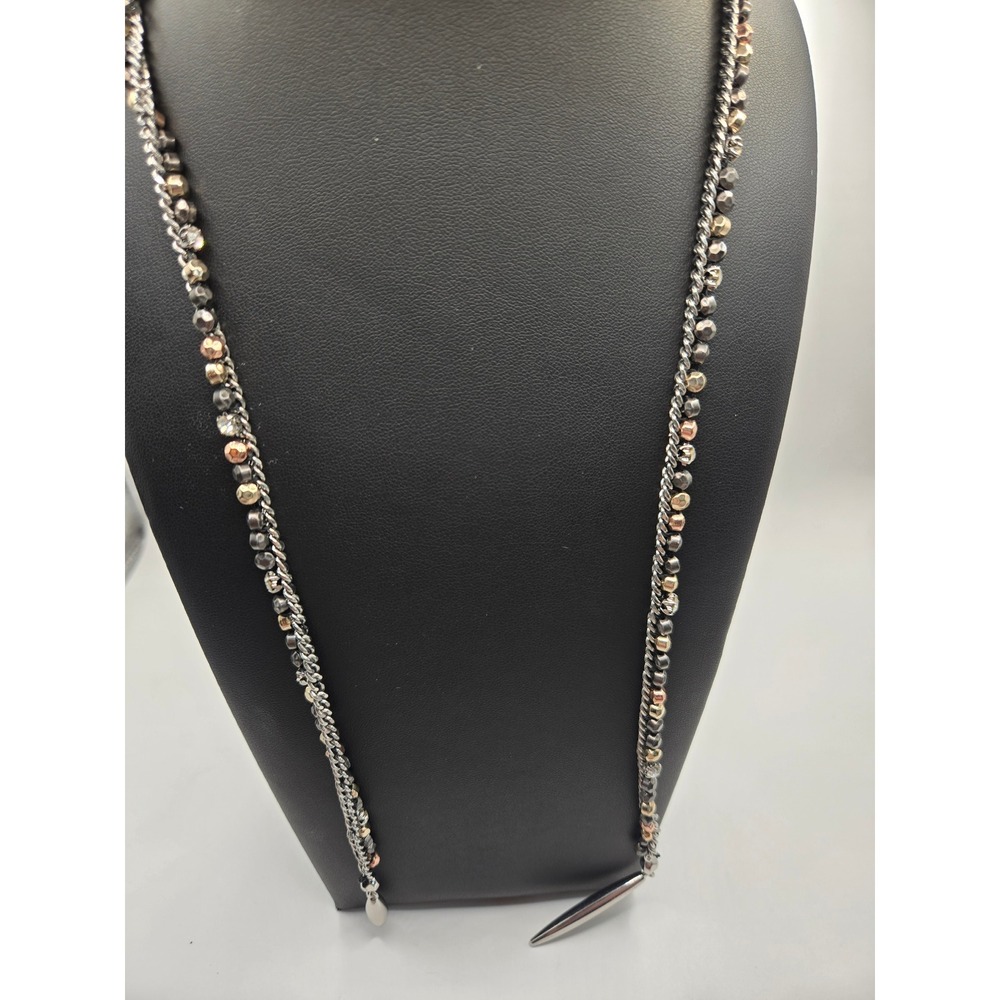Mixed Metal Beaded Lariat Necklace Silver Gold Rose Gold Spike Teardrop 36in